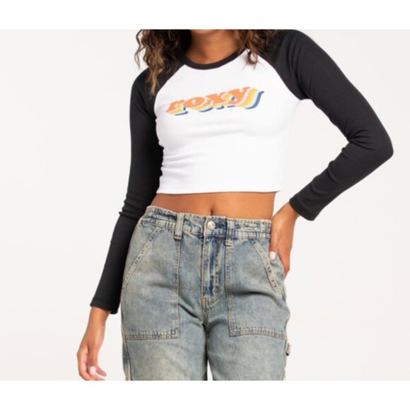 Roxy Womens XS White & Black Long Sleeve Crop Top With Retro Logo Print - Picture 2 of 6